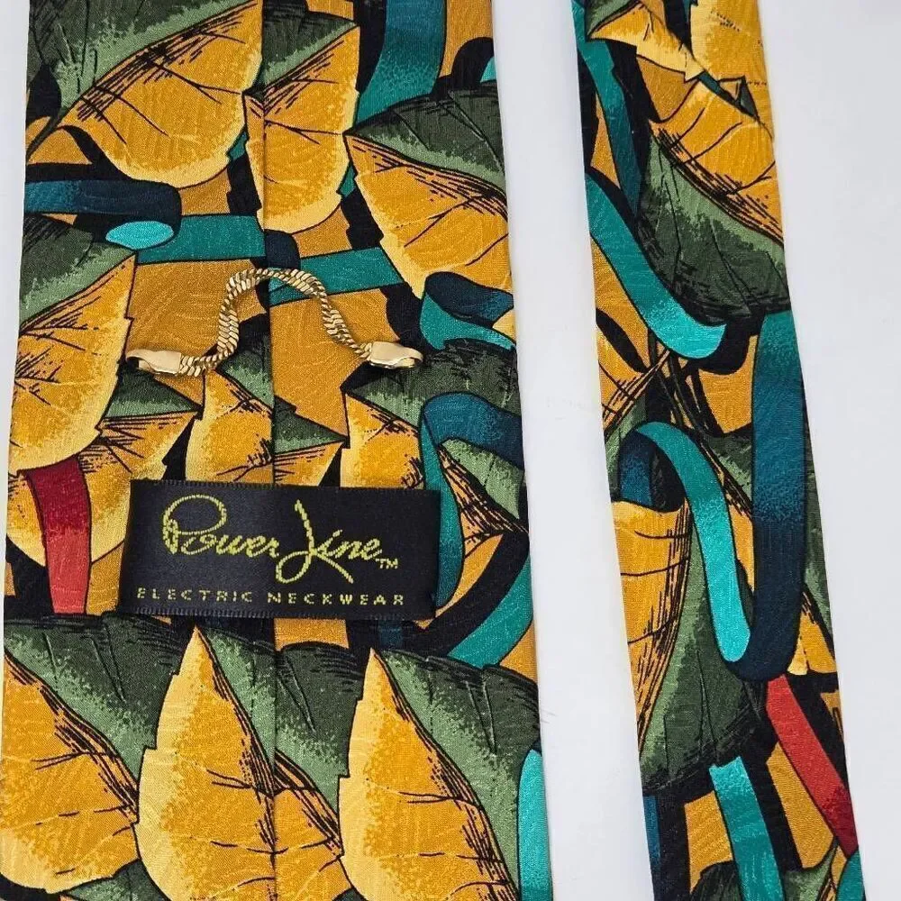 POWER LINE ELECTRIC NECKWEAR SILK TIE GREEN GOLD VIBRANT LEAVES SATIN 4